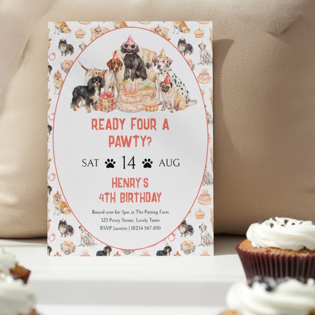 Invitación Listo Cuatro para una Fiesta Perro Neutral Cumplea (Ready Four a Pawty dog themed 4th birthday party invitation)
