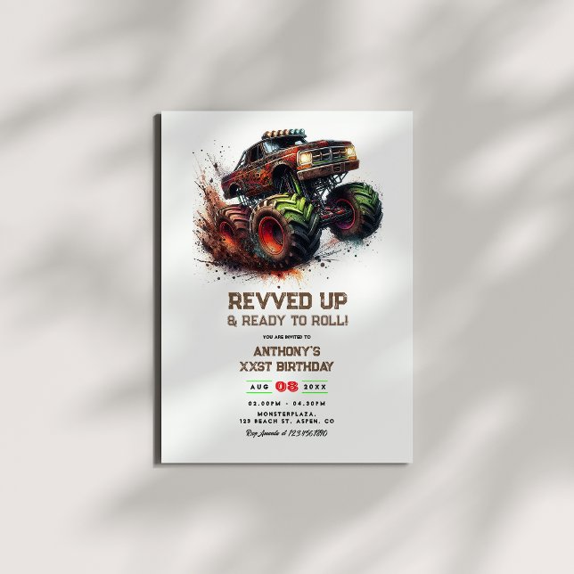 Invitación “Listo para Arrancar y Rodar” Cumpleaños de Camión (“Revved Up & Ready to Roll” Monster Truck Birthday Invitation)