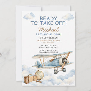 Invitación Listo para despegar Avión Vintage Cumpleaños 4