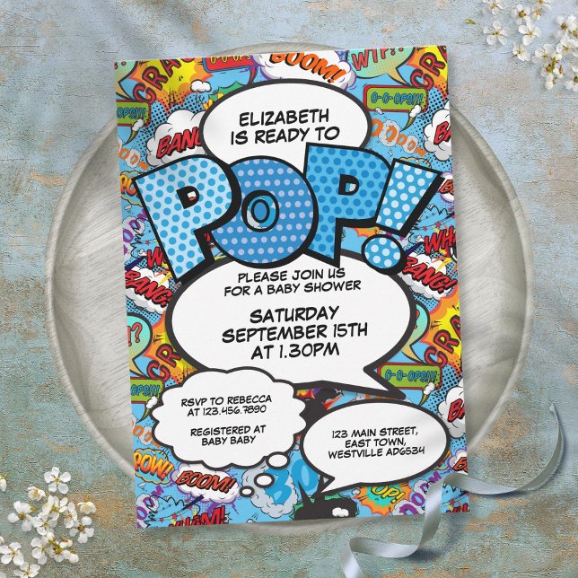 Invitación Listo para estallar Libro de historietas para baby (Ready to Pop Baby Shower Comic Book Modern Blue Invitation)