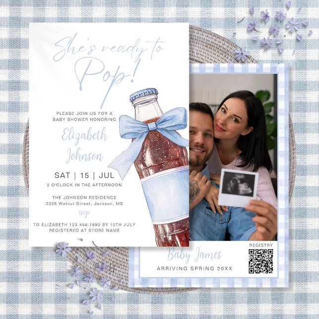 Invitación Listo para explotar Bebé de botella de soda azul I (Ready To Pop Blue Soda Bottle Baby Shower Photo Invitation)