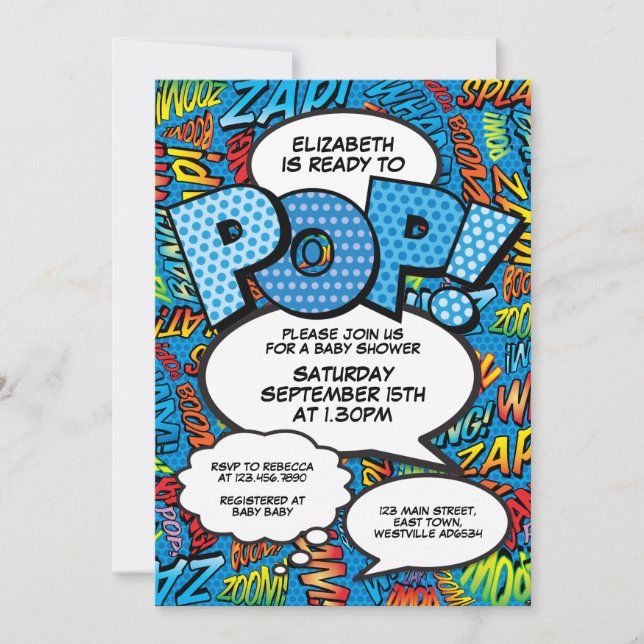 Invitación Listo para mostrar Baby Shower Comic Book Fun Blue (Anverso)