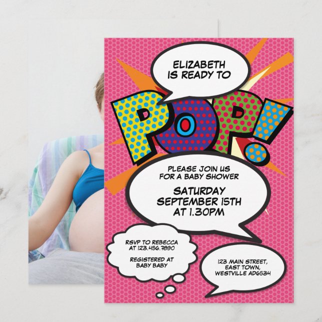 Invitación Listo para mostrar la foto del cómic de Baby Showe (Anverso / Reverso)