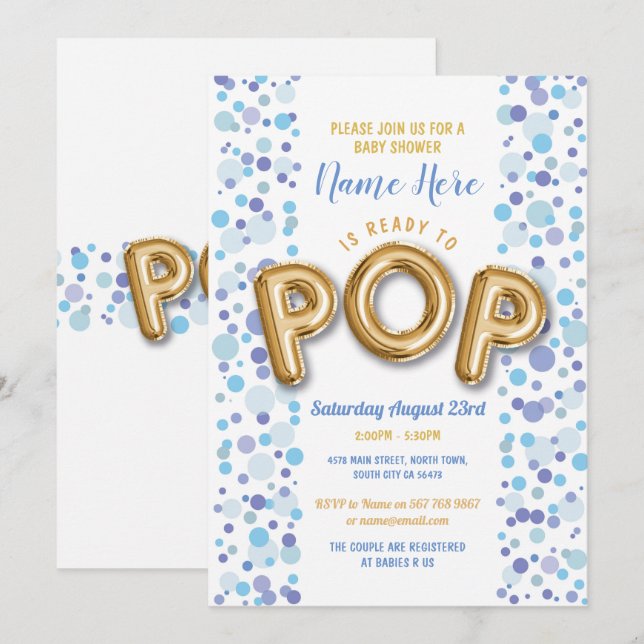 Invitación Listo para POP Boy Baby Shower Gold & Blue Invite (Anverso / Reverso)