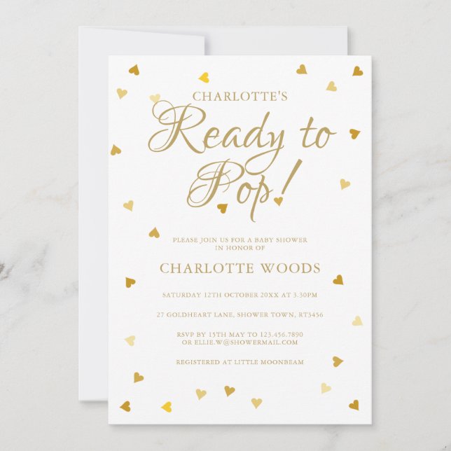Invitación Listo para pop Gold Hearts Baby Shower / Sprinkle (Anverso)