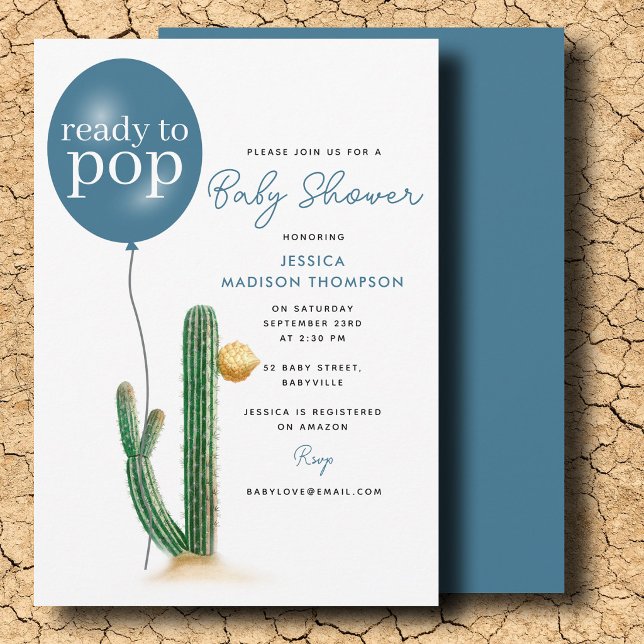 Invitación Listo para reventar cactus globo bebé Cumpleaños (Ready to Pop Boy Cactus Balloon Baby Shower Invitation)