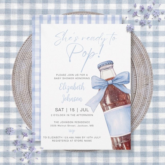 Invitación Listo Para Reventar Regalo de Bebé de Botella de R (Ready To Pop Soda Bottle Blue Bow Baby Shower Invitation)