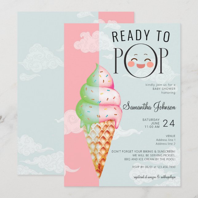 Invitación Listo para usar Baby Shower de crema de hielo rosa (Anverso / Reverso)