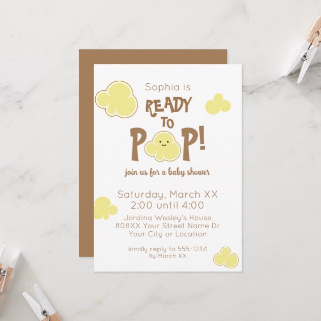 Invitación Listo para usar Baby Shower de palomitas de maíz (Anverso/Reverso In Situ)