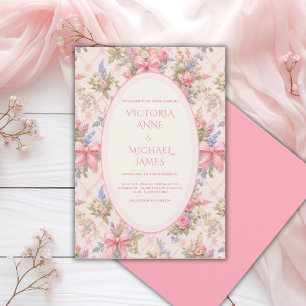 Invitación Listones Florales de Bodas Vintage con Cintas Rosa