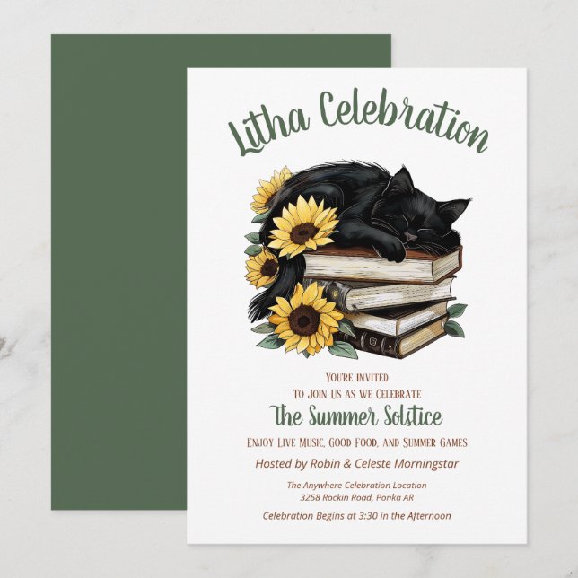 Invitación Litha Girasol del Solsticio de Verano Gato y Libro (Anverso / Reverso)