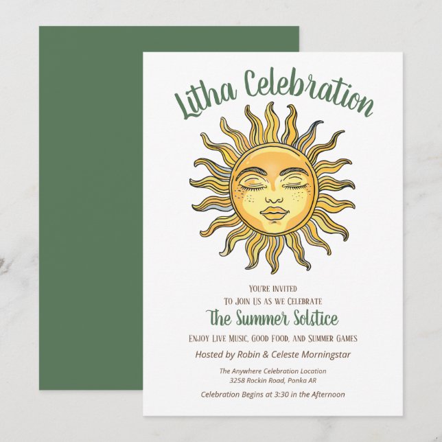 Invitación Litha Summer Solstice Sonriendo Sol Amarillo (Anverso / Reverso)