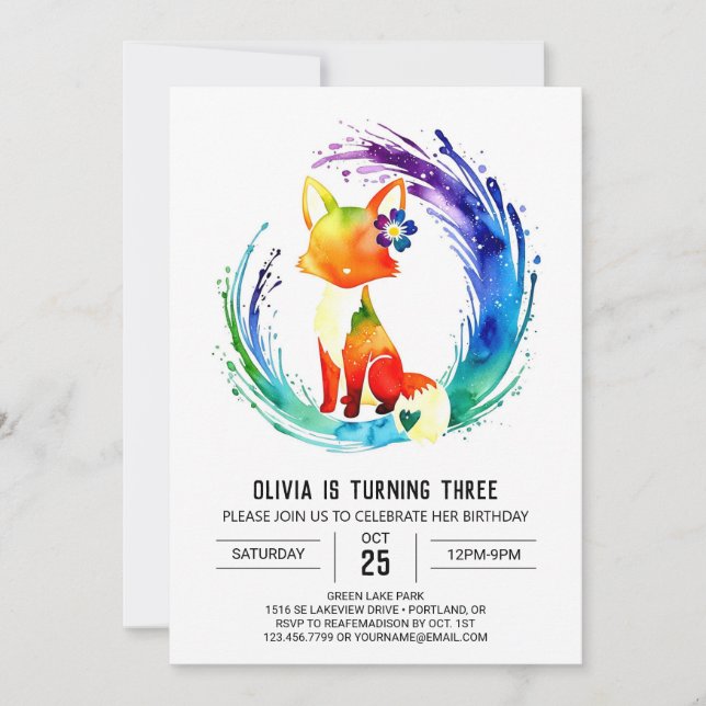 Invitación Little Adorable Fox Digital Girl Birday (Anverso)