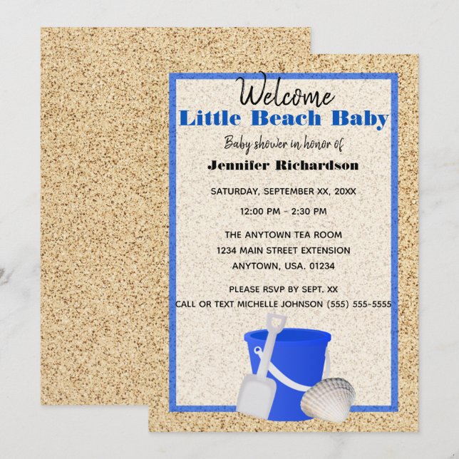 Invitación Little Beach Baby Blue Sand Pail Baby Shower (Anverso / Reverso)