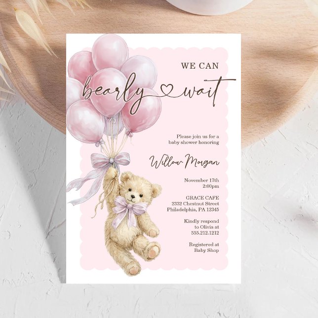 Invitación Little Bear Girl Baby Shower Teddy Bear Balloons (Subido por el creador)