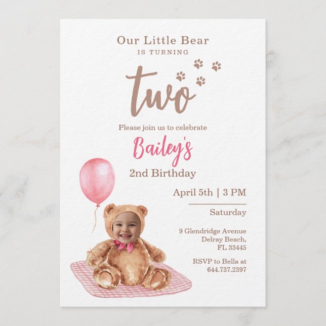 Invitación Little Bear Pink Any Age Birthday Photo Invitation (Anverso)