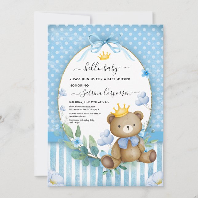 Invitación Little Bear Prince Blue flower Baby Shower (Anverso)