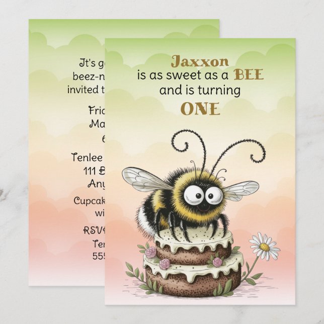 Invitación Little Bee Baby Boy First Birthday (Anverso / Reverso)