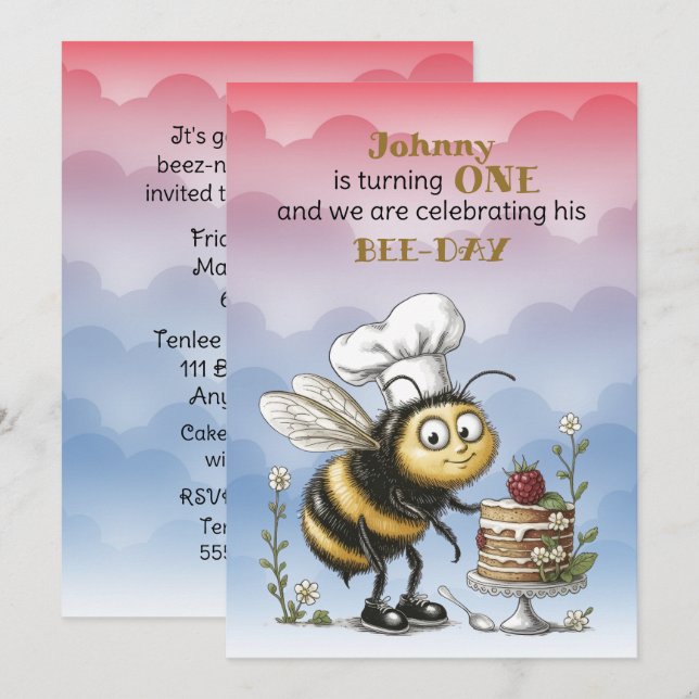 Invitación Little Bee Baby Boy First Birthday (Anverso / Reverso)