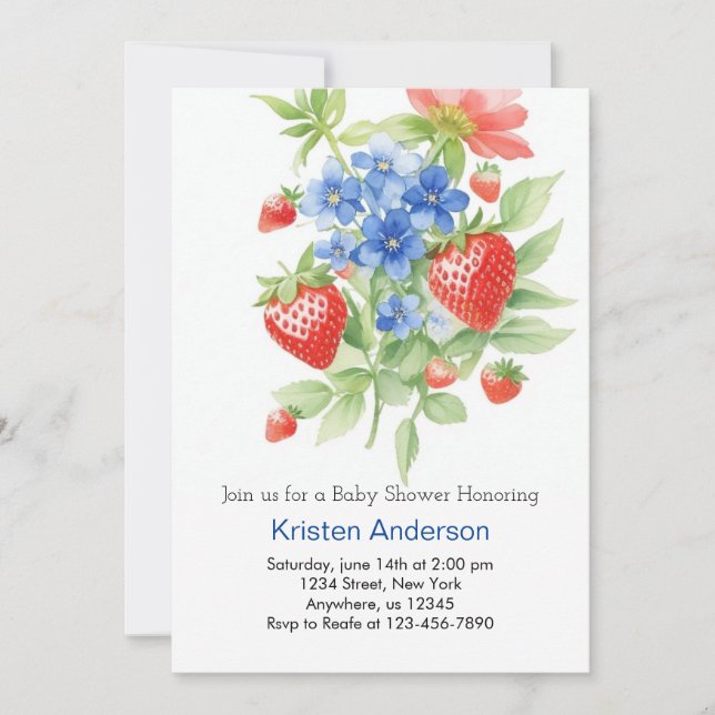 Invitación Little Berry Blue Watercolor Boy Baby Shower (Anverso)