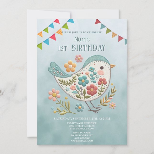 Invitación Little Bird Blue Pink Flowday Party (Anverso)