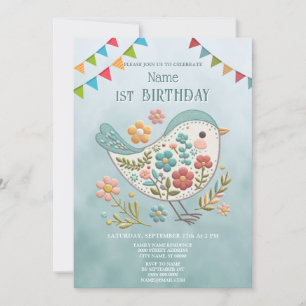 Invitación Little Bird Blue Pink Flowday Party