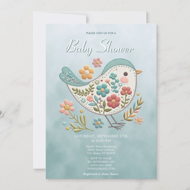 Invitación Little Bird Blue Pink Flowers Baby Shower (Anverso)