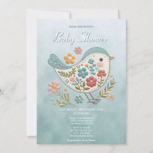 Invitación Little Bird Blue Pink Flowers Baby Shower