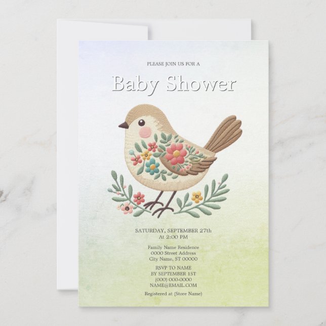 Invitación Little Bird Floral Gold Baby Shower (Anverso)