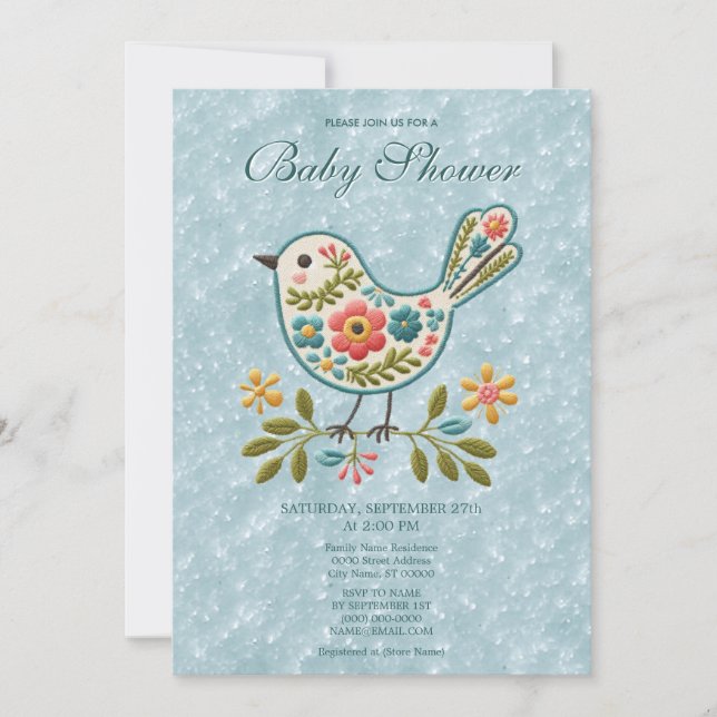 Invitación Little Bird Floral Green Lees Baby Shower (Anverso)