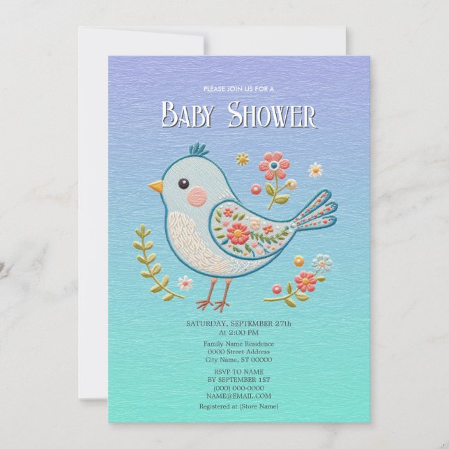 Invitación Little Blue Bird Floral Baby Shower (Anverso)