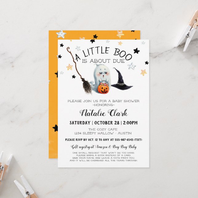Invitación Little Boo Baby Shower Bopkin Ghost Halloween (Anverso/Reverso In Situ)