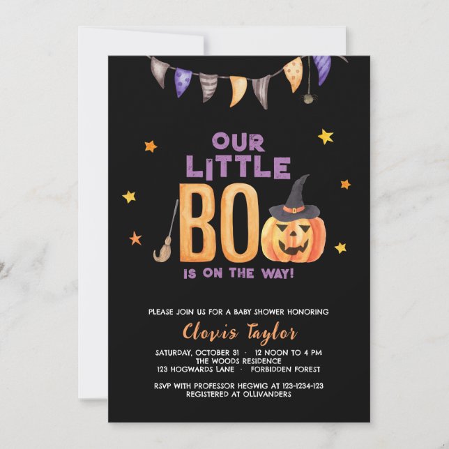 Invitación Little Boo Baby Shower, Halloween Pumpkin Shower (Anverso)