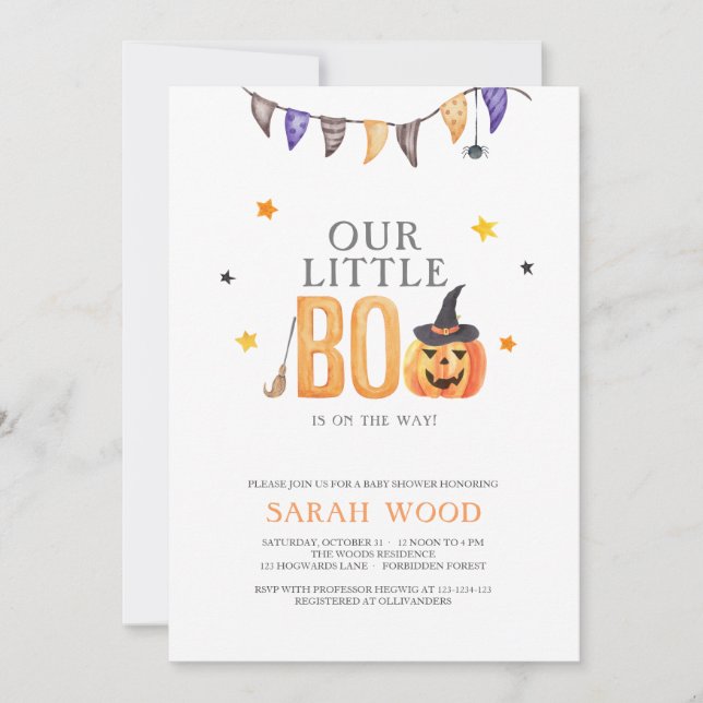 Invitación Little Boo Baby Shower, Halloween Pumpkin Shower (Anverso)