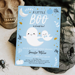 Invitación Little Boo Blue Gold Ghost Pumpkin Baby Shower