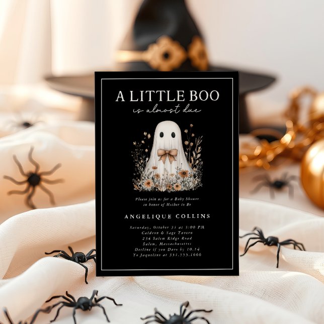 Invitación Little Boo Cute Ghost Bow Wildflowers Baby Shower (A Little Boo is Almost Due - Ghost and wildflowers Baby Shower Invitation)