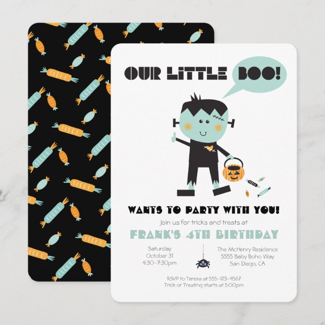 Invitación Little Boo Frankenstein Halloween Birday Party (Anverso / Reverso)