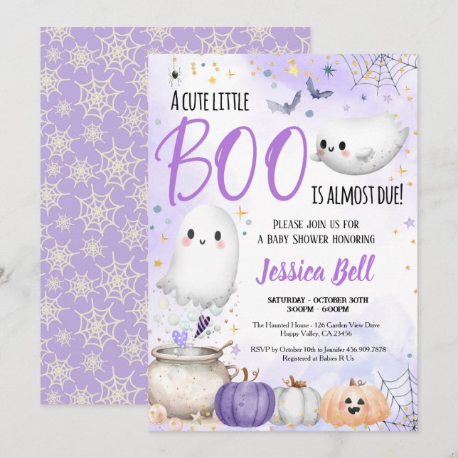 Invitación Little Boo Halloween Baby Shower Purple (Anverso / Reverso)