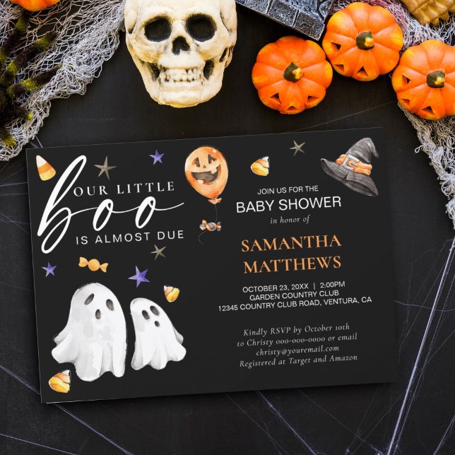 Invitación Little Boo Halloween Cae Baby Shower Black (Join us for a whimsically spooky celebration! Our little 'Boo' is on the way baby shower invite.)