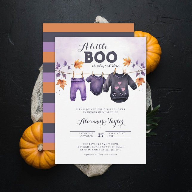 Invitación Little Boo Halloween Cae Octubre Bebé Chica Ducha (october baby shower ideas clothes line invitation halloween novermber fall leaves purple black)