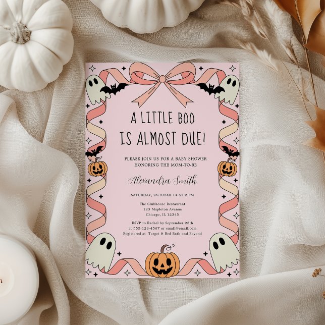 Invitación Little Boo Halloween Coquette Ribbon Baby Shower (Little Boo Halloween Coquette Ribbon Baby Shower – Spooky Cute Ghost & Pink Bow Girl Show)