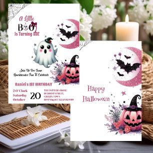 Invitación Little Boo Pink Jack Mitad Moon Ghost 1er cumpleañ