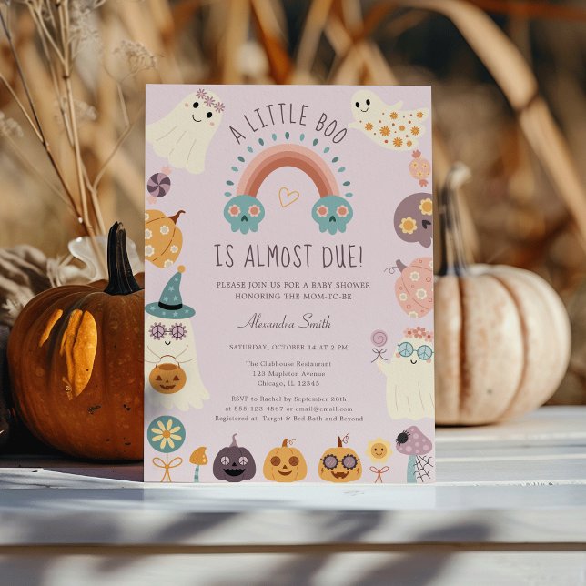 Invitación Little Boo Retro Groovy Halloween Baby Shower (Little Boo Retro Halloween Baby Shower Invitation - Groovy Ghost, Pumpkin, Rainbow & Candy )