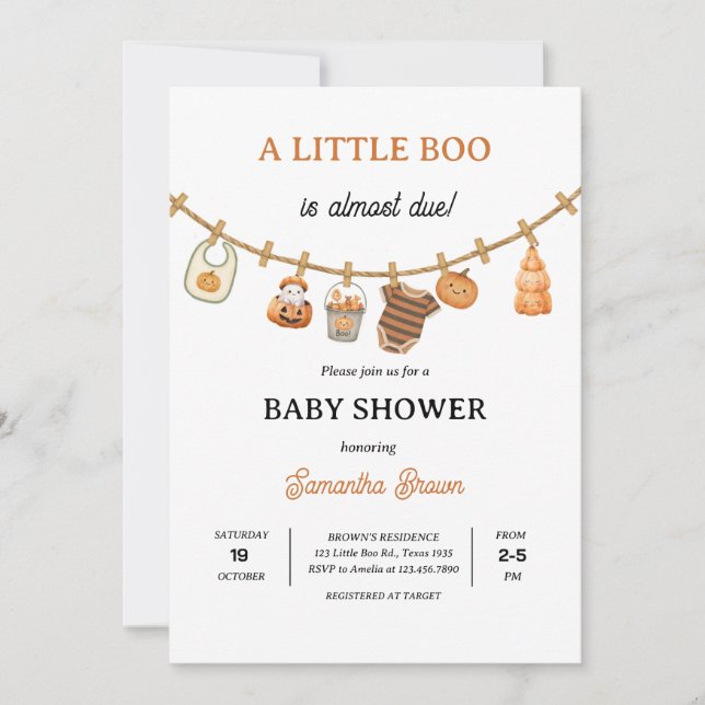 Invitación Little Boo se debe a la calabaza Halloween Baby Sh (Anverso)