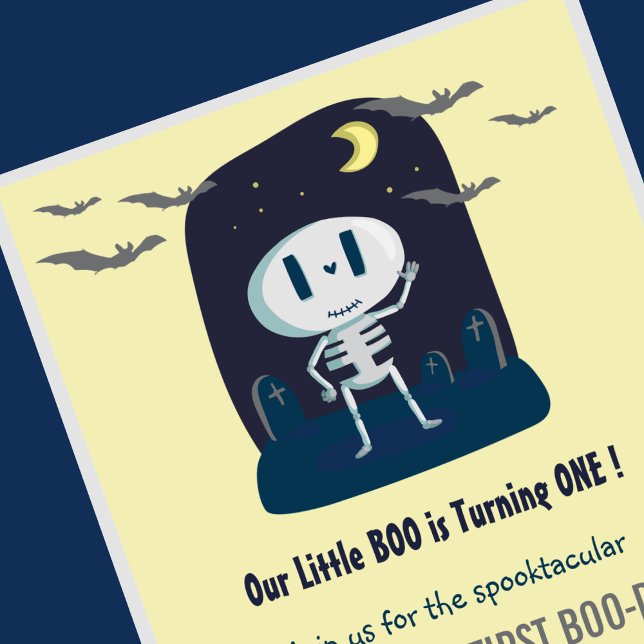 Invitación Little Boo Skull Cute Halloween 1er cumpleaños (Halloween-1st-Birthday-Invitation-Little boo-Yellow-skull-Cute-1)