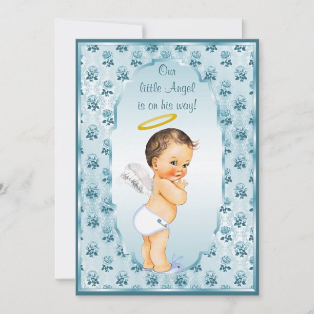 Invitación Little Boy Angel Blue Rosas Baby Shower (Anverso)
