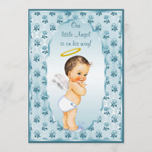 Invitación Little Boy Angel Blue Rosas Baby Shower