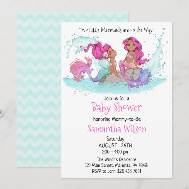 Invitación Little Brown Twin Mermaids Watercolor Baby Shower (Anverso / Reverso)