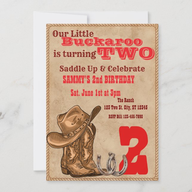 Invitación Little Buckaroo Two, Western 2nd Birthday (Anverso)