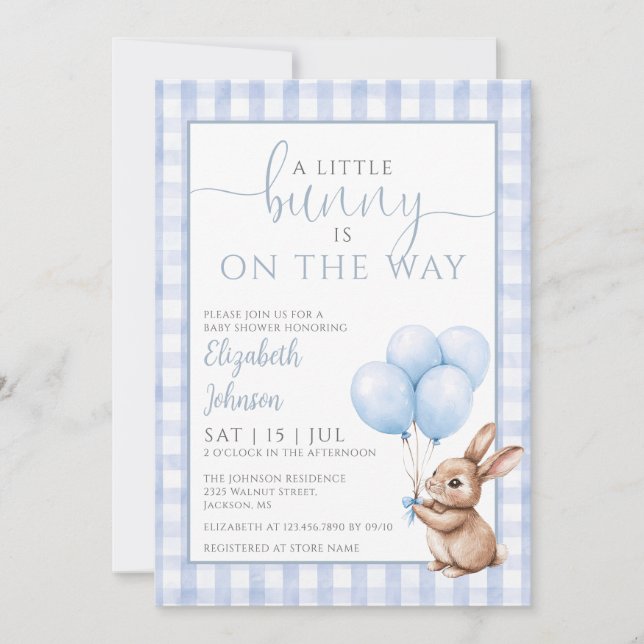 Invitación Little Bunny Blue Balloons Boy Baby Shower (Anverso)